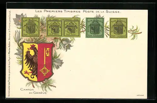 Lithographie Die ersten Briefmarken der Schweiz, Kanton Genf, Wappen