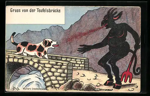 Lithographie Teufelsbrücke, Hund verbellt feuerspeiendes Teufelswesen