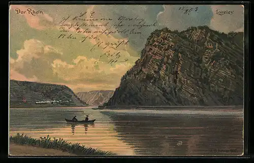 Lithographie Loreleyfelsen bei Sonnenuntergang