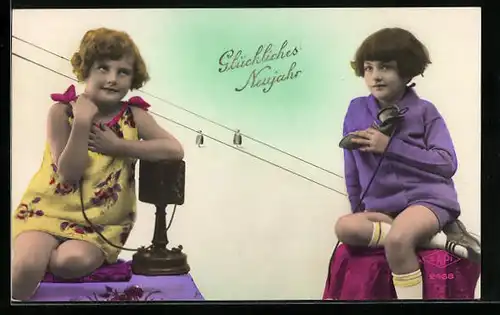 AK Zwei kleine Mädchen mit Telefon, Neujahrsgruss