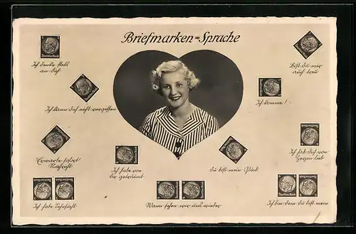 AK Lächelnde Dame in einem Herzrahmen, Briefmarkensprache
