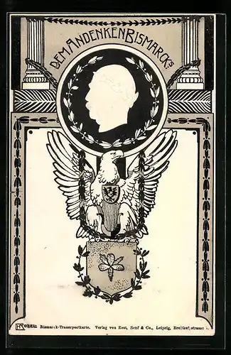 AK Bismarck, Trauerkarte mit Portrait, Wappen und Adler