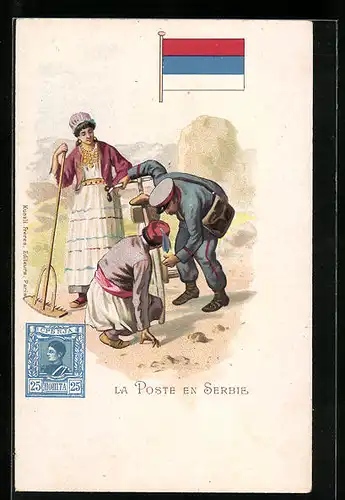 Lithographie Briefträger in Serbien mit Menschen in Tracht
