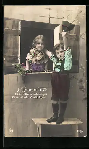 AK S`Fensterln, List und Mut in Liebesdingen..., Junge und Mädchen in Tracht, Erotik