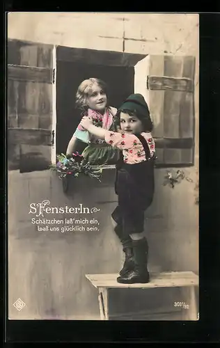 AK S`Fensterln, Schätzchen lass mich ein..., Junge und Mädchen in Tracht, Erotik