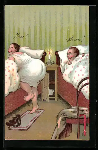 AK Scheint die Sonne noch so schön..., Dame steigt ins Bett und zeigt ihren dicken Po