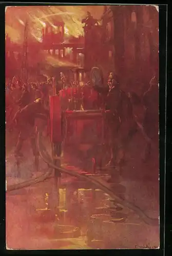 AK Feuerwehrleute mit einem Löschwagen bei einem Einsatz