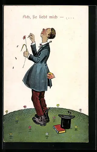 AK Ein Mann zupft Blütenblätter, Scherz