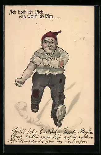 AK Rennender Mann mit einer Zipfelmütze, Scherz