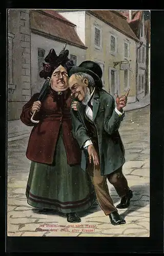 AK Frau bringt ihren betrunkenen Mann nach Hause, Scherz