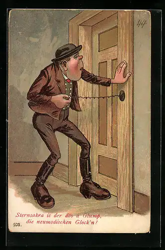 AK Mann in Tracht an der kaputten Türklingel, Scherz