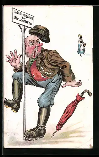 AK Betrunkener an der Bedarfshaltestelle der Strassenbahn, Scherz