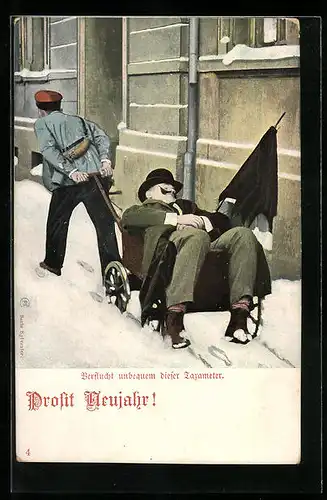 AK Betrunkener wird auf einem Karren durch den Schnee gezogen, Neujahrsgruss, Scherz