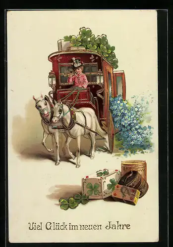 Künstler-AK Bub in rosa auf dem Bock einer Postkutsche, Neujahrsgruss