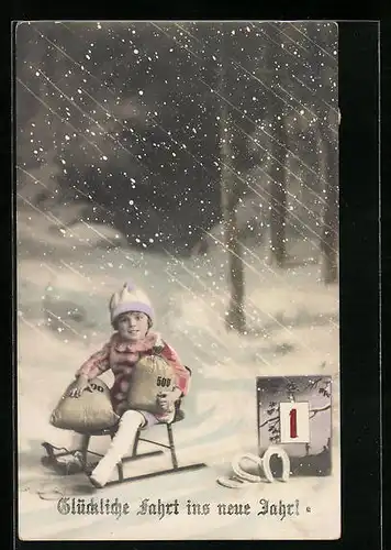 AK Glückliche Fahrt ins Neue Jahr, Kind mit Geldsäcken auf Schlitten