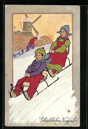 AK Kinder mit Schlitten bei der Rodelpartie