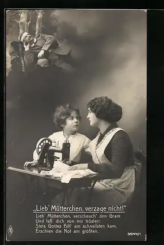 Foto-AK Mutter und Sohn denken an verwundeten Vater im Felde