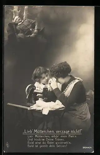 AK Mutter mit dem Kinde an der Nähmaschine denken an den Vater im Felde