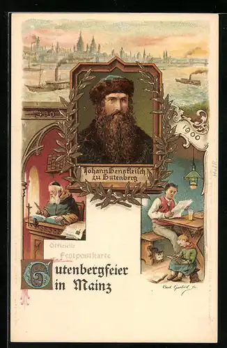 Lithographie Mainz, Gutenbergfeier 1900, Porträt Johann Gensfleich zu Gutenberg, Erfinder des Buchdrucks, Dampfer