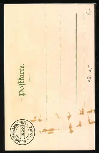 Lithographie Mainz, Gutenbergfeier 1900, Porträt Johann Gensfleich zu Gutenberg, Erfinder des Buchdrucks, Dampfer
