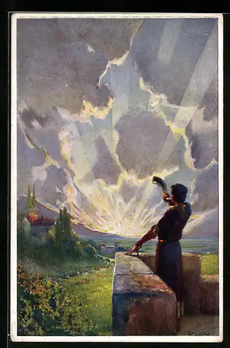 Künstler-AK Hornbläser im Sonnenaufgang, Der Türmer, Zeitung