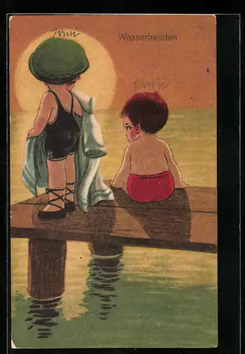 Künstler-AK Wassefreuden, Kinder in Bademode
