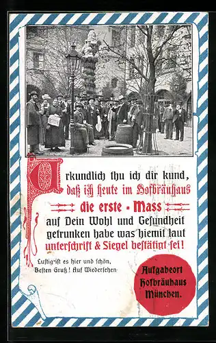 AK München, Urkunde für das erste Mass im Münchner Hofbräuhaus