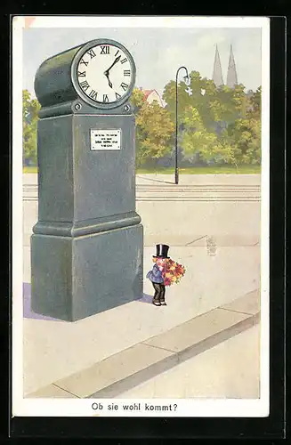 Künstler-AK Junge mit Zylinder und Blumenstrauss an der Uhr, Ob sie wohl kommt?