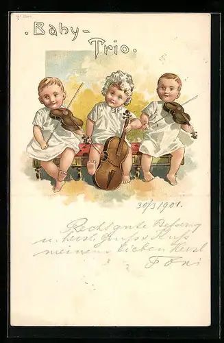 Lithographie Baby-Trio mit Streichinstrumenten, Geige