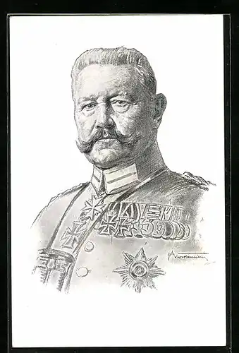 Lithographie Portrait Paul von Hindenburg in Uniform mit Ordensspange