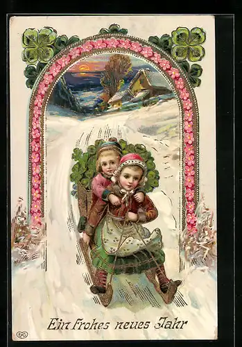 AK Kinder mit einem Korb voller Kleeblätter auf einem Schlitten