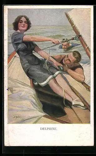 Künstler-AK Delphine, Segelsport mit einer Frau auf ihrem Schiff, Männer bewundern sie