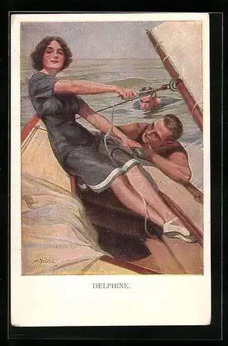 Künstler-AK Delphine, Segelsport mit einer Frau auf ihrem Schiff, Männer bewundern sie