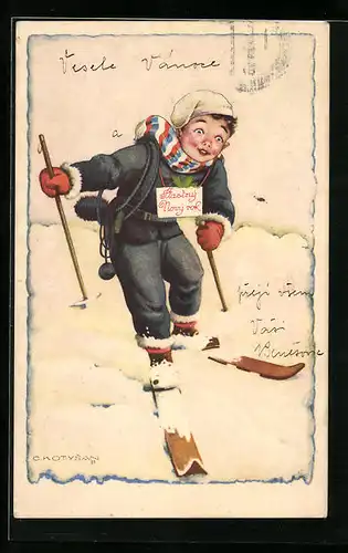 Künstler-AK Junge auf Ski mit Stöcken