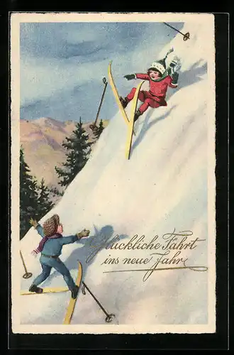 Künstler-AK Mädchen stürzt bei der Abfahrt, Ski