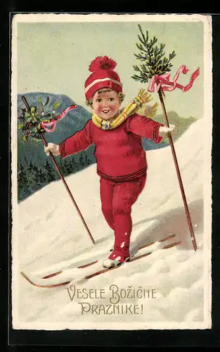 Künstler-AK Vesele Bozicne Praznike!, Kleiner Skifahrer in Rot