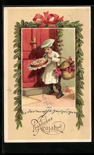 Präge-AK Bäcker mit Kuchen vor der Tür, Neujahrsgruss