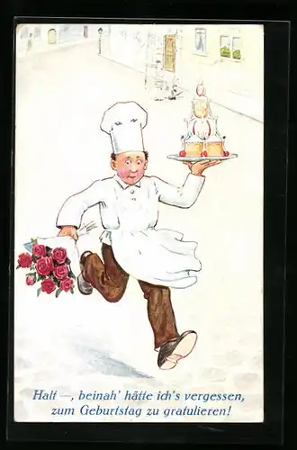 AK Rennender Bäcker mit Kuchen und Blumen, Geburtstagsgruss