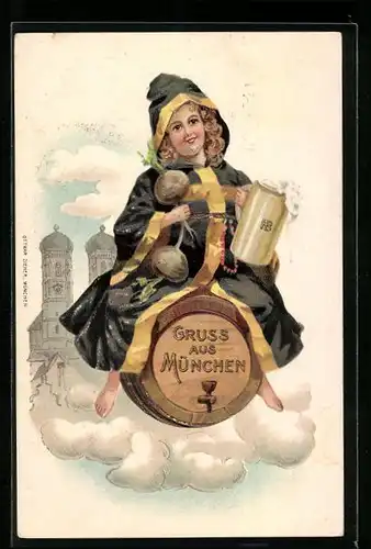 Lithographie München, Münchner Kindl mit Bierkrug auf Fass in der Luft, Im Hintergrund Frauenkirche