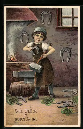 AK Glückwunsch zum Geburtstage, kleiner Schmied mit Hufeisen