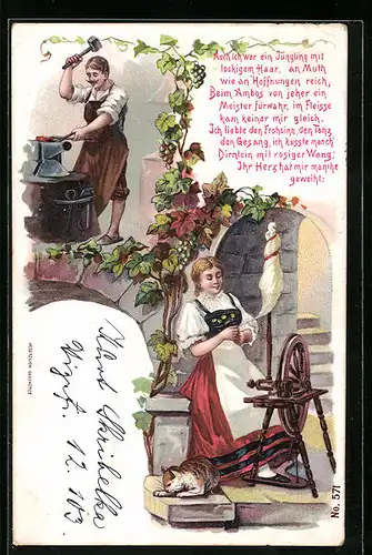 Lithographie Von allen Mädchen so blink u. so blank, Schmied und Spinnerin