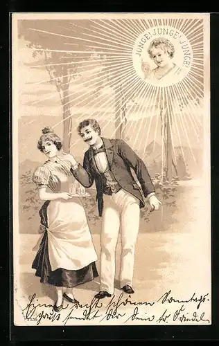 AK Junge! Junge! Junge!, Frau hebt warnend den Finger, Mann flirtet mit einer Bediensteten