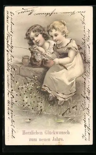Lithographie zwei Kinder angeln am Bach