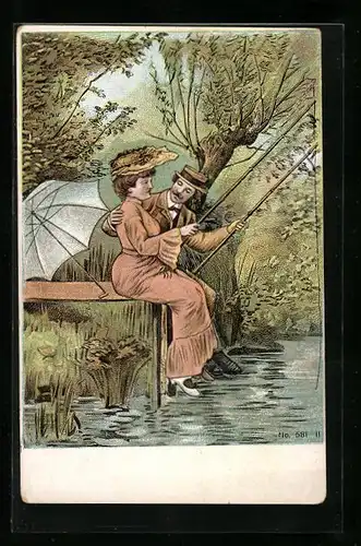 AK Ein Paar sitzt beim Angeln am Steg