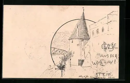 Künstler-AK Handgemalt: Stein, Turm und Brücke in der Wachau
