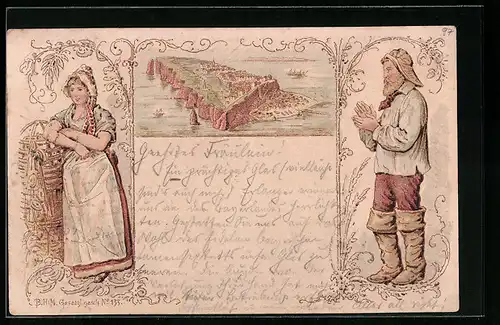 Lithographie Helgoland, Helgoländer in Tracht, Lange Anna, Britischer Vorläuferdruck