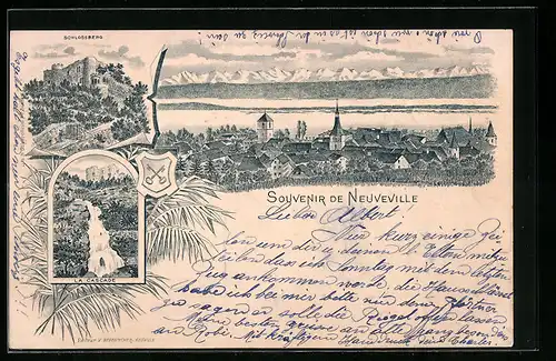 Lithographie Neuveville, Schlossberg, Gesamtansicht, La Cascade, Wappen