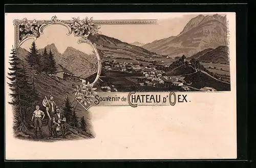 Lithographie Chateau d`Oex, Gesamtansicht, Almhütte