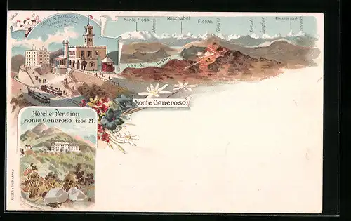 Lithographie Monte Generoso, Hotel et Restaurant Generoso Kulm, Panorama
