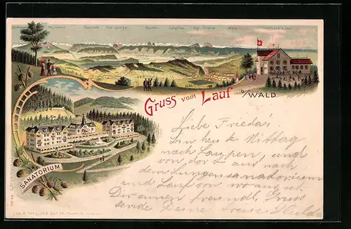 Lithographie Wald, Sanatorium Lauf, Gasthaus z. Lauf, Panorama